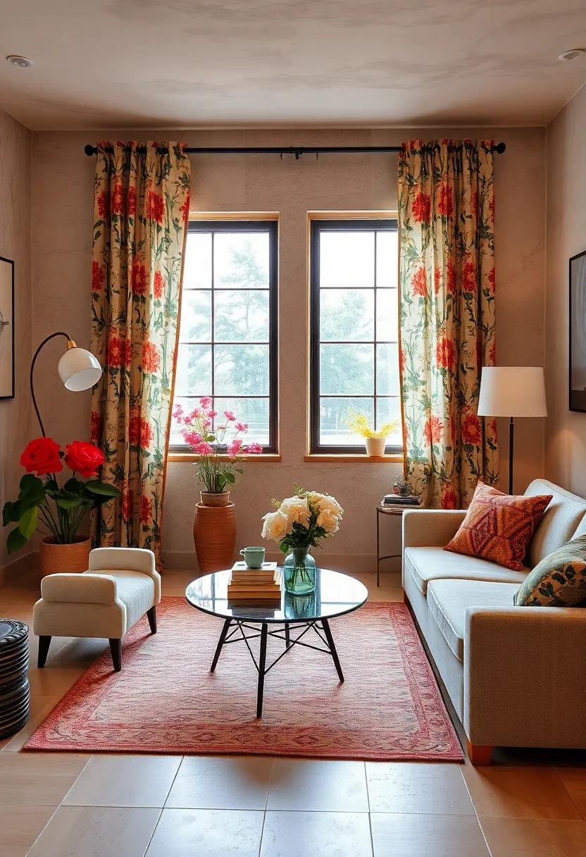 Use retro-inspired floral curtains with bold prints to frame your windows with flair