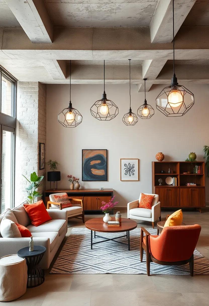 Replace modern light fixtures with retro pendant lights featuring geometric designs