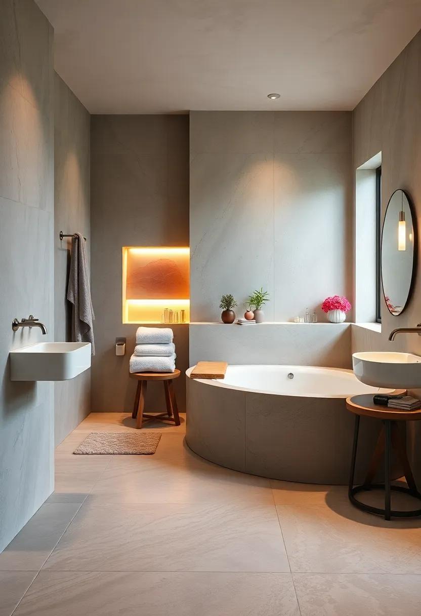 A built-in towel warmer nook adjacent⁤ to‌ a mood-lit bathtub