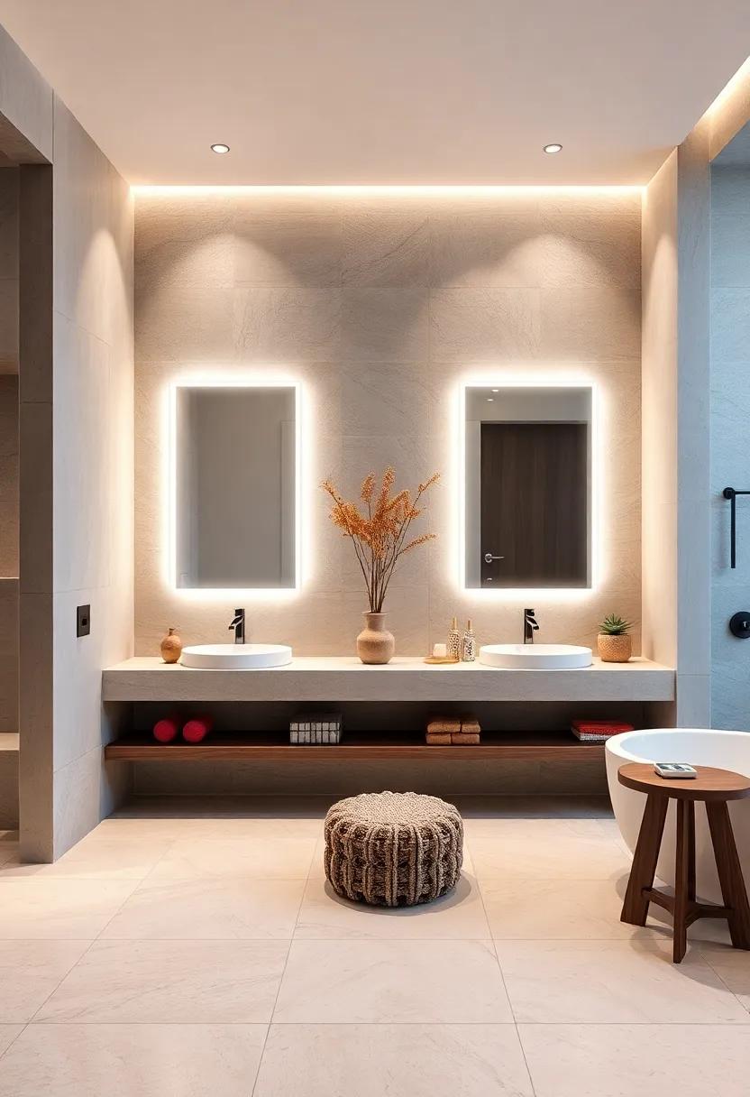 Dual vanities​ with backlit⁣ mirrors and ⁤touch-activated faucets for modern convenience