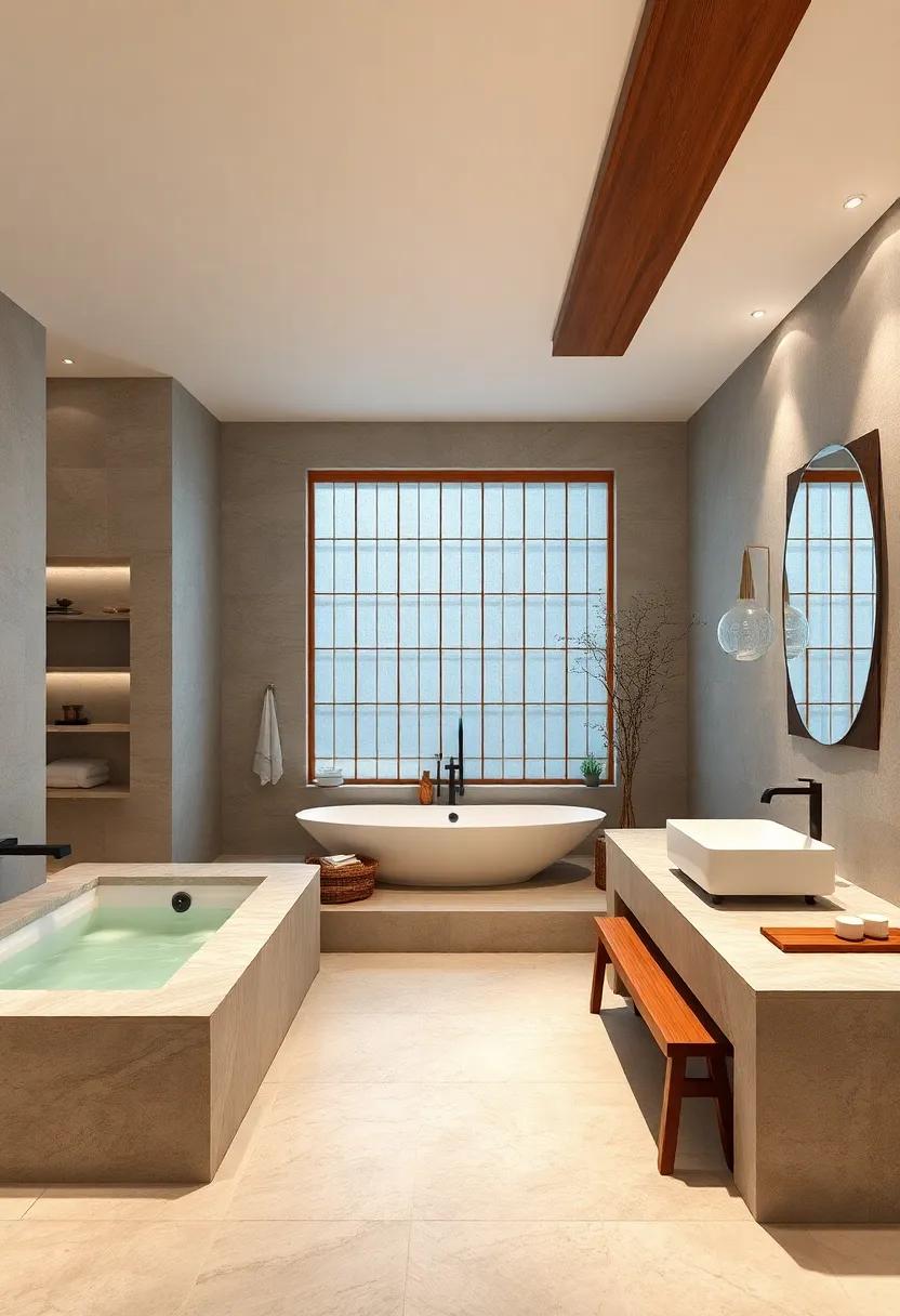 Japanese-style soaking ‍tubs paired with bamboo flooring and shoji screen accents