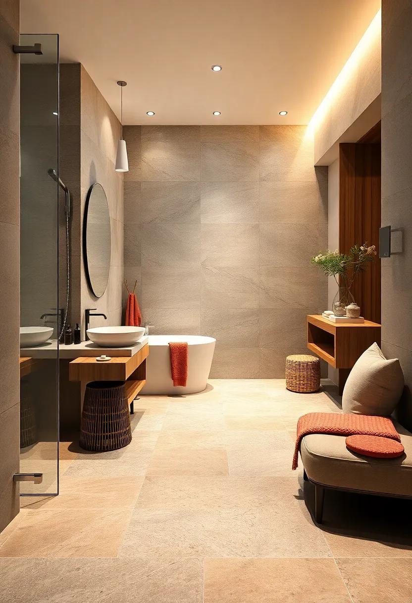 Large format, textured ​tiles in ‍calming tones to create a seamless visual flow