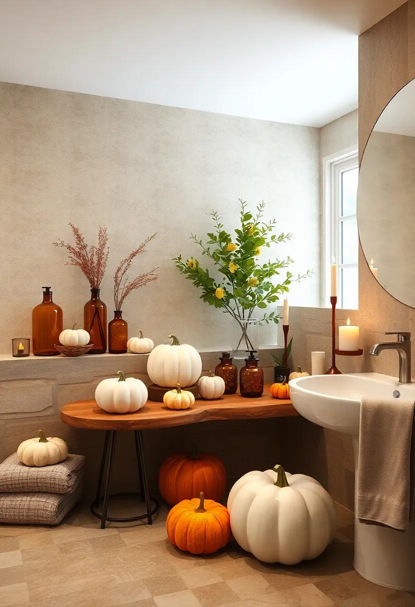 A bathroom vignette featuring ‌white pumpkins, amber glass bottles, and fragrant candles for‌ seasonal serenity