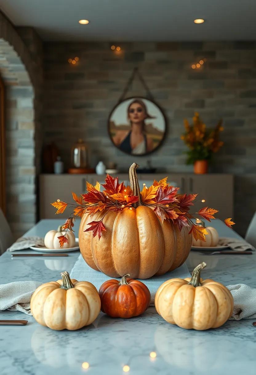 A charming pumpkin centerpiece⁣ adorned with autumn leaves and fairy lights to create a warm glow on⁤ your dining table