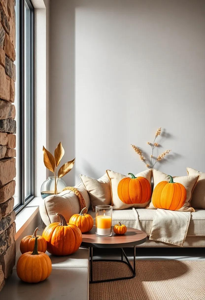 A cozy reading nook ⁢featuring pumpkin-themed throw pillows and a small pumpkin candle holder