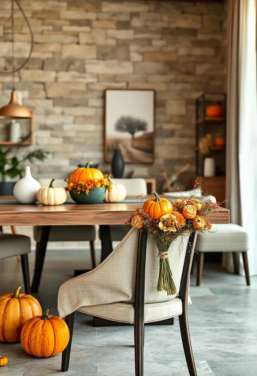 A festive dining chair adorned with mini pumpkin​ bouquets⁣ tied with rustic twine for a welcoming ​touch