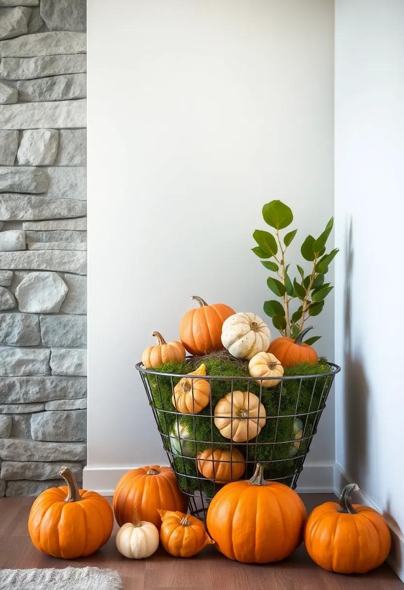 Gourds arranged ​inside a wire basket with moss ‍and twinkling lights for an enchanting corner accent