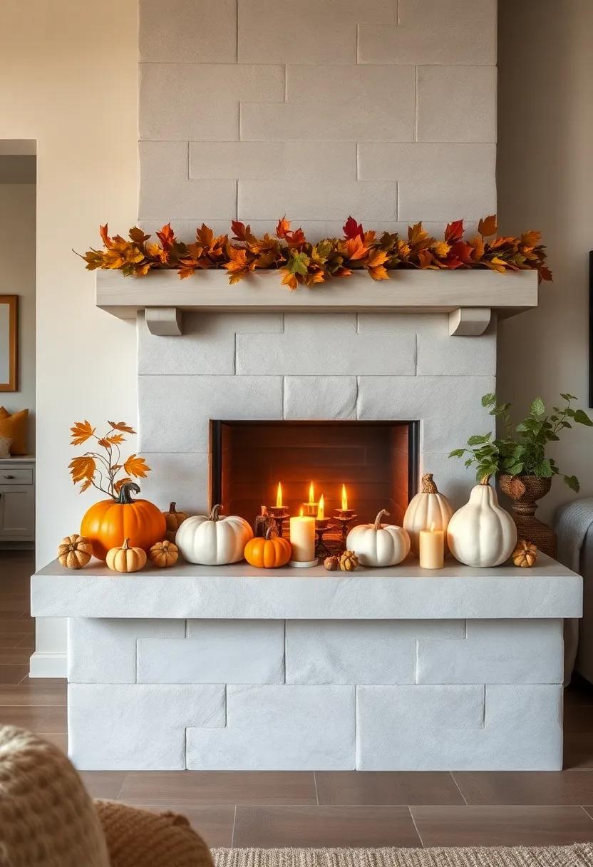 A mantel adorned with a garland of leaves⁢ and tiny gourds nestled among flickering candles