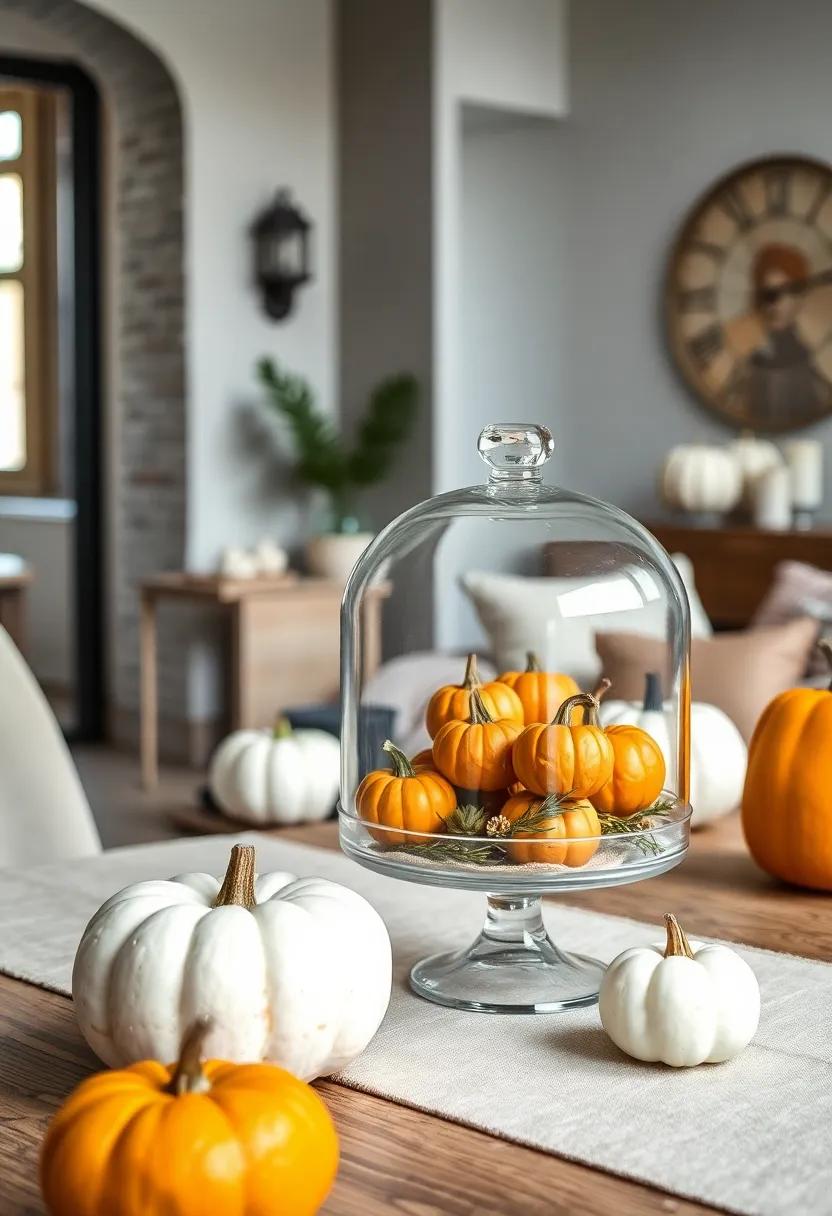 Mini pumpkins arranged​ in ‍a glass cloche for a delicate‌ and festive tabletop ⁤decoration