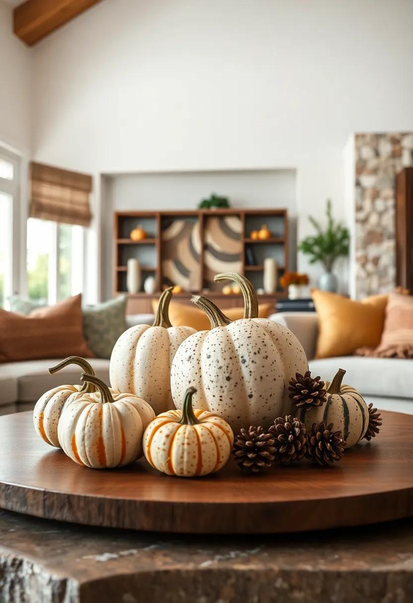 A mix ‌of striped and⁢ speckled gourds ​combined with pinecones ‌for natural texture on your coffee table