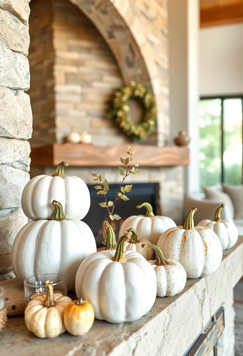 Painted white pumpkins with gold accents to add a touch⁤ of ‌elegance to your mantel decor