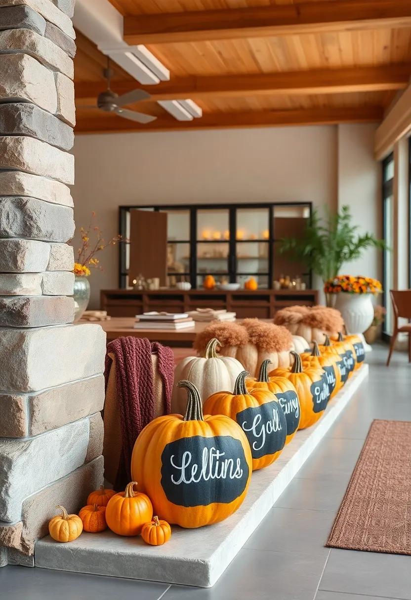 A row of chalkboard pumpkins labeled with seasonal​ greetings to personalize your space