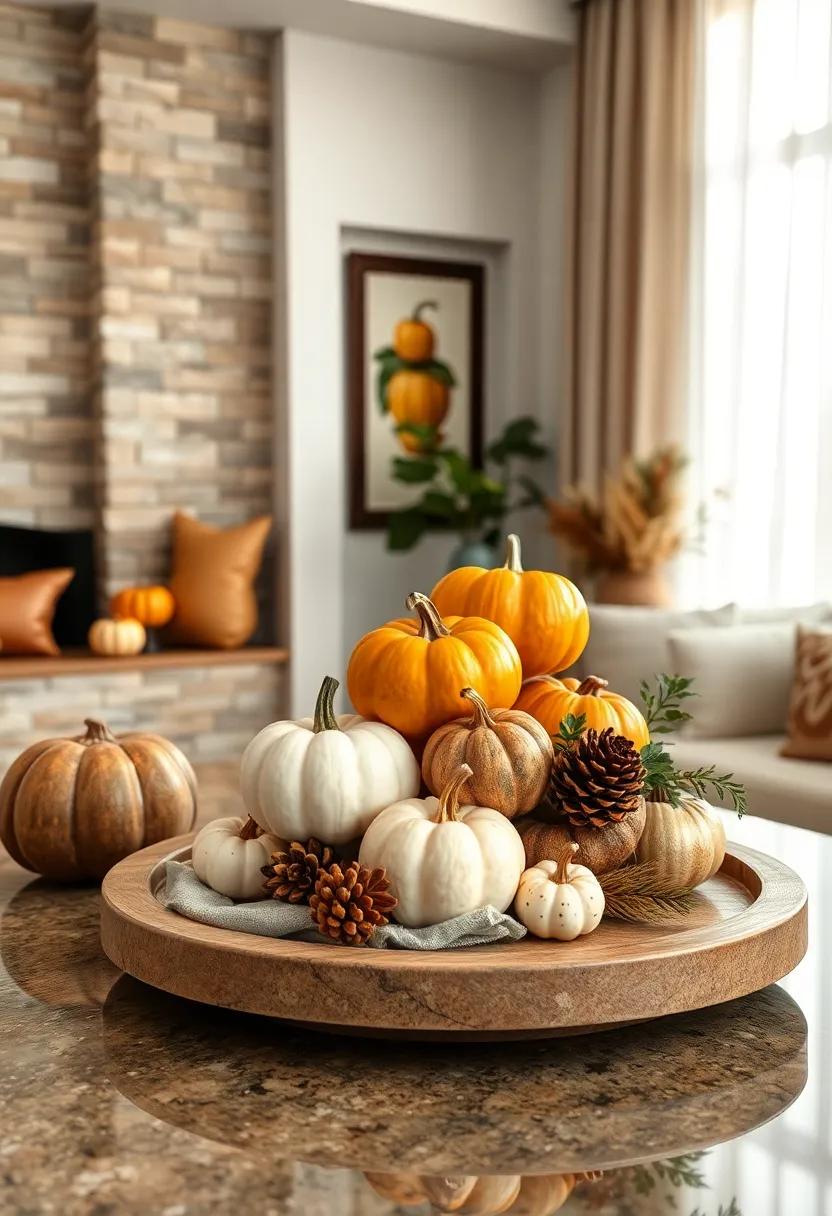 A ⁤stylish tiered tray showcasing assorted mini pumpkins, acorns,⁤ and cinnamon sticks