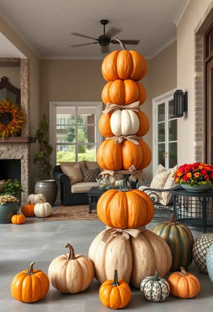 A whimsical pumpkin topiary made⁤ from stacked gourds and tied with burlap ribbons for outdoor charm