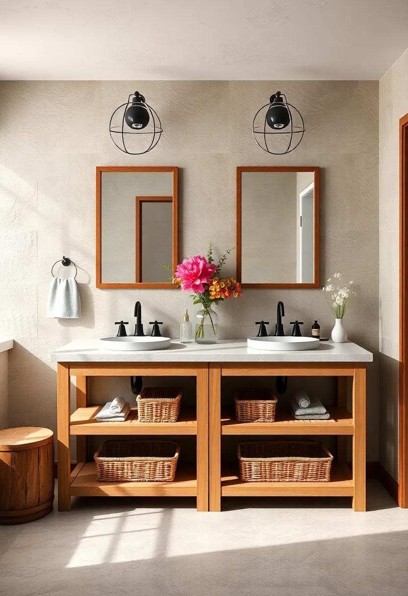 Double Vanity Featuring Open⁣ Lower​ shelves for Displaying Woven Baskets