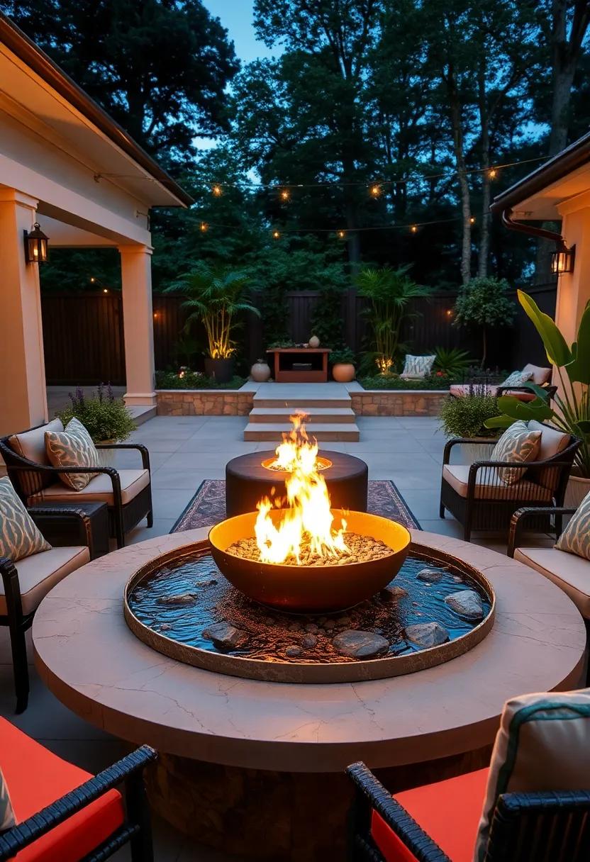 fire Bowl Table Featuring a Water Fountain Edge for Soothing Ambiance