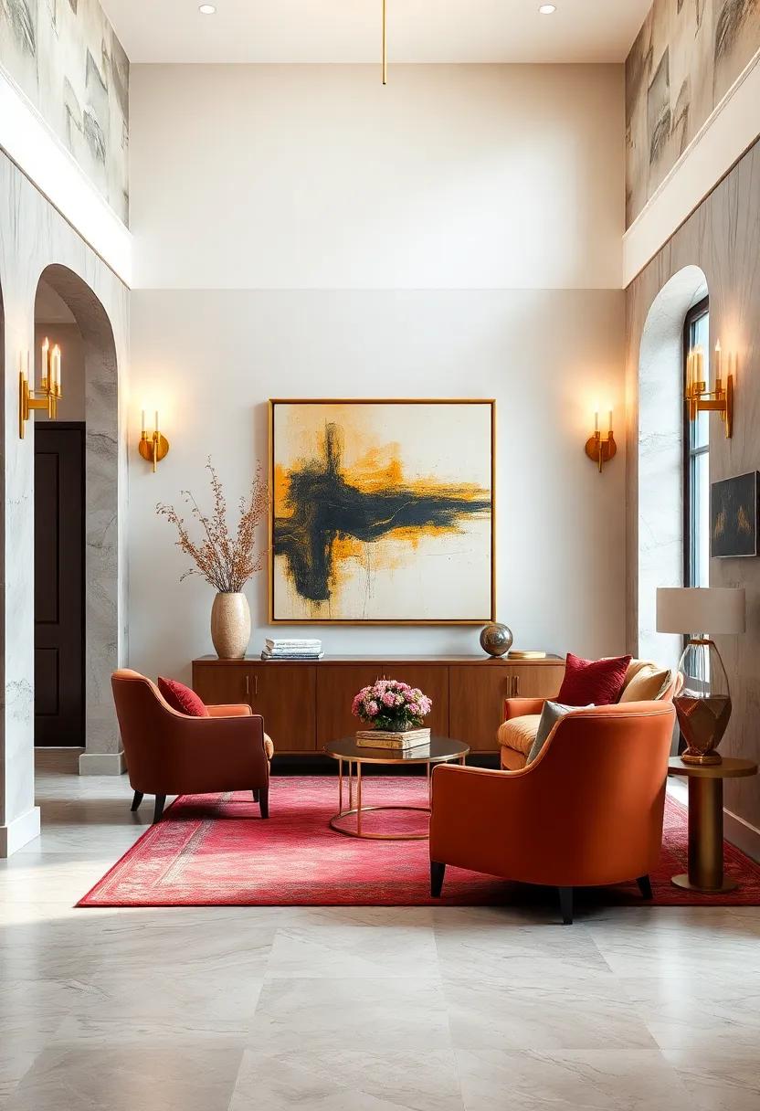 Gold sconces flanking a‍ bold piece of ‍artwork bring⁣ symmetry and glamour to⁢ your foyer⁤ walls