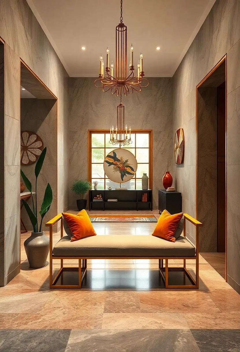 A ‌gold-framed ⁤bench with velvet cushions offers a tactile and visual richness for guests