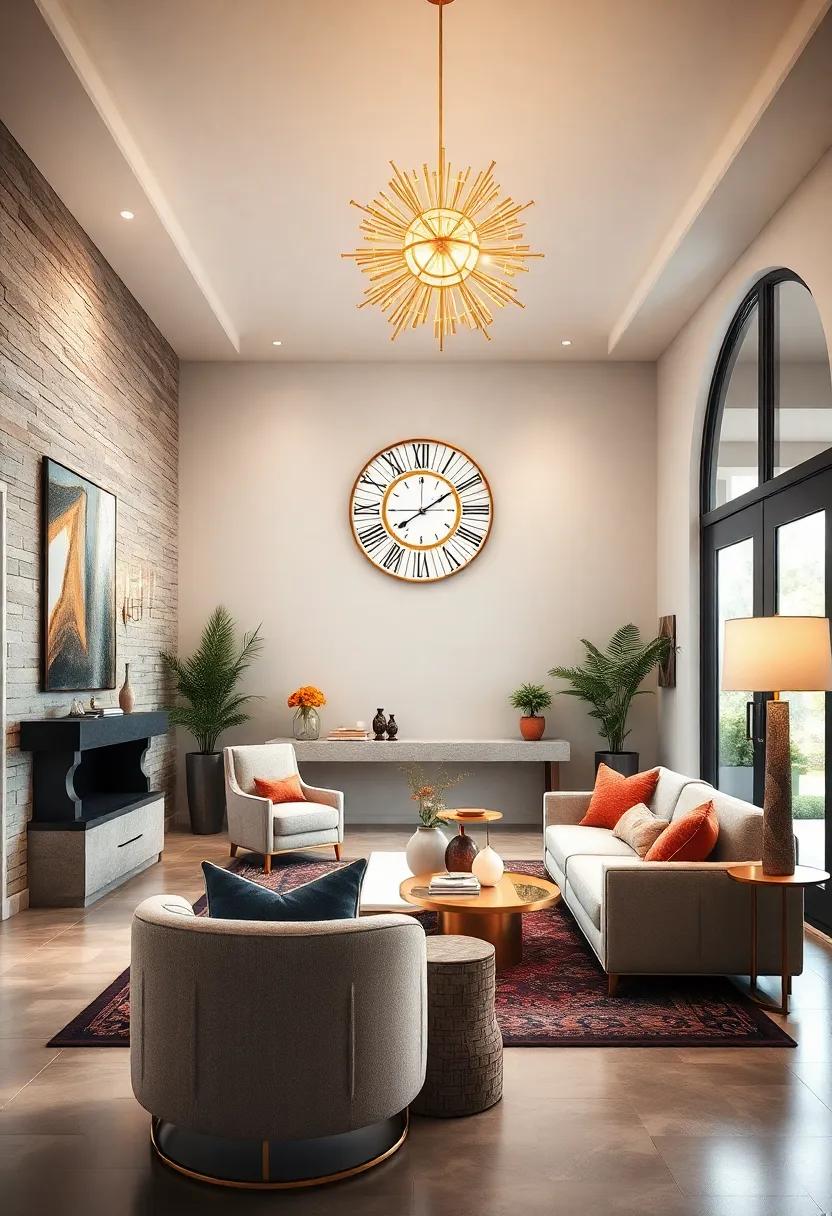 Hang a gold‍ sunburst⁢ clock for‌ a vintage-inspired centerpiece that ⁤exudes charm and opulence