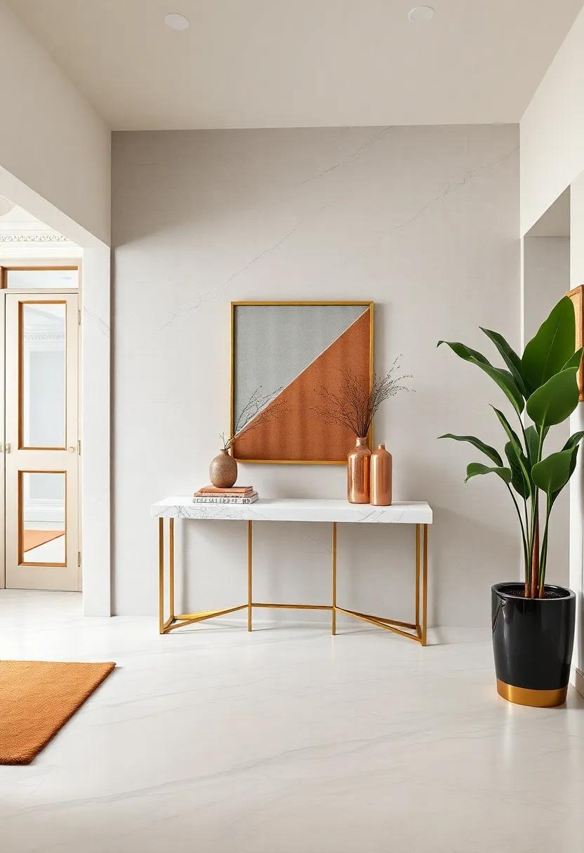 A ⁢marble-topped⁣ console with gold‍ legs blends⁢ classic materials with striking⁢ metallic details for high-end appeal