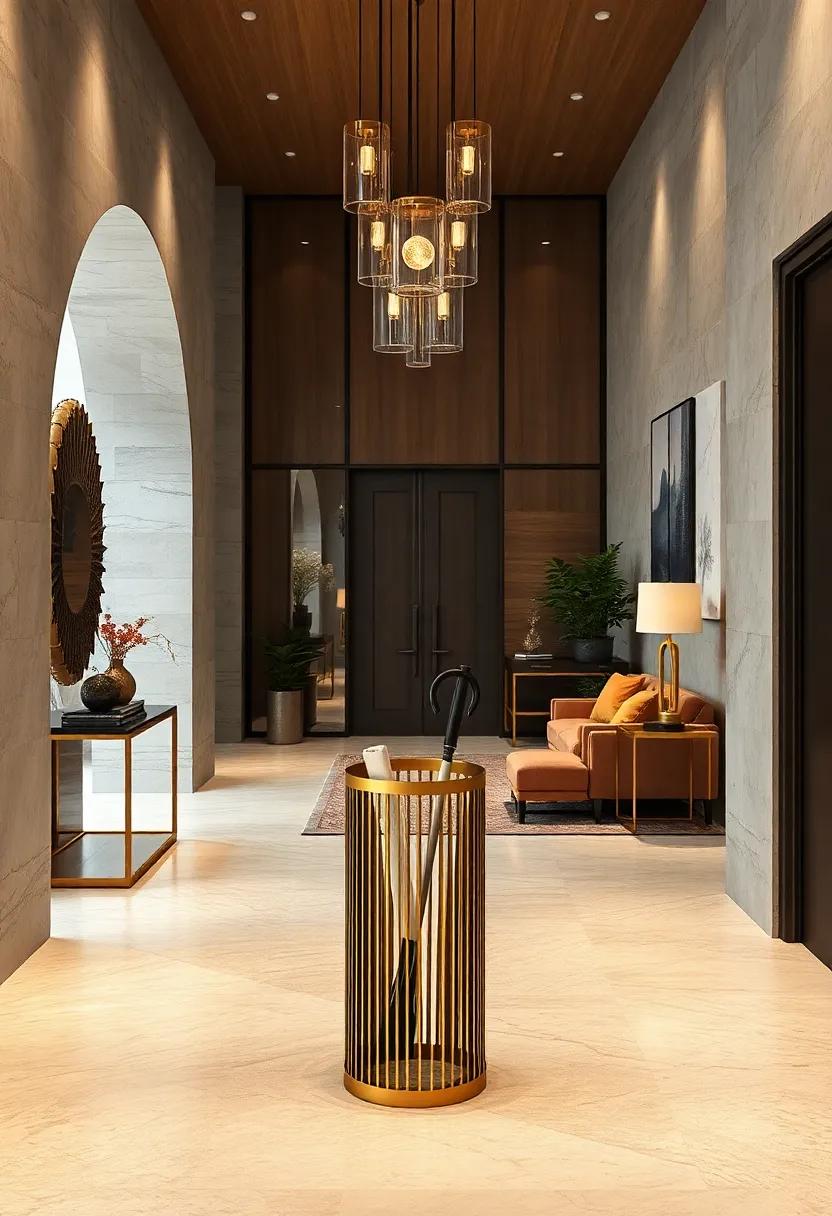 A minimalist, gold-accented umbrella stand provides function without compromising style