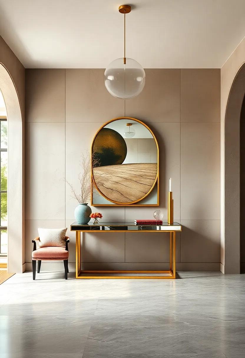 A‍ mirrored entry table with gold trim doubles the‌ light⁢ and enhances the⁢ room's elegance