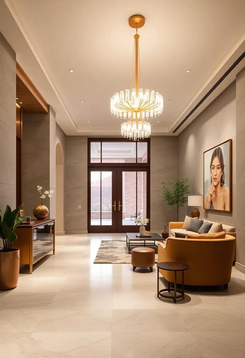 A sculptural ‍gold statement chandelier creates a dramatic focal point and illuminates the space​ beautifully