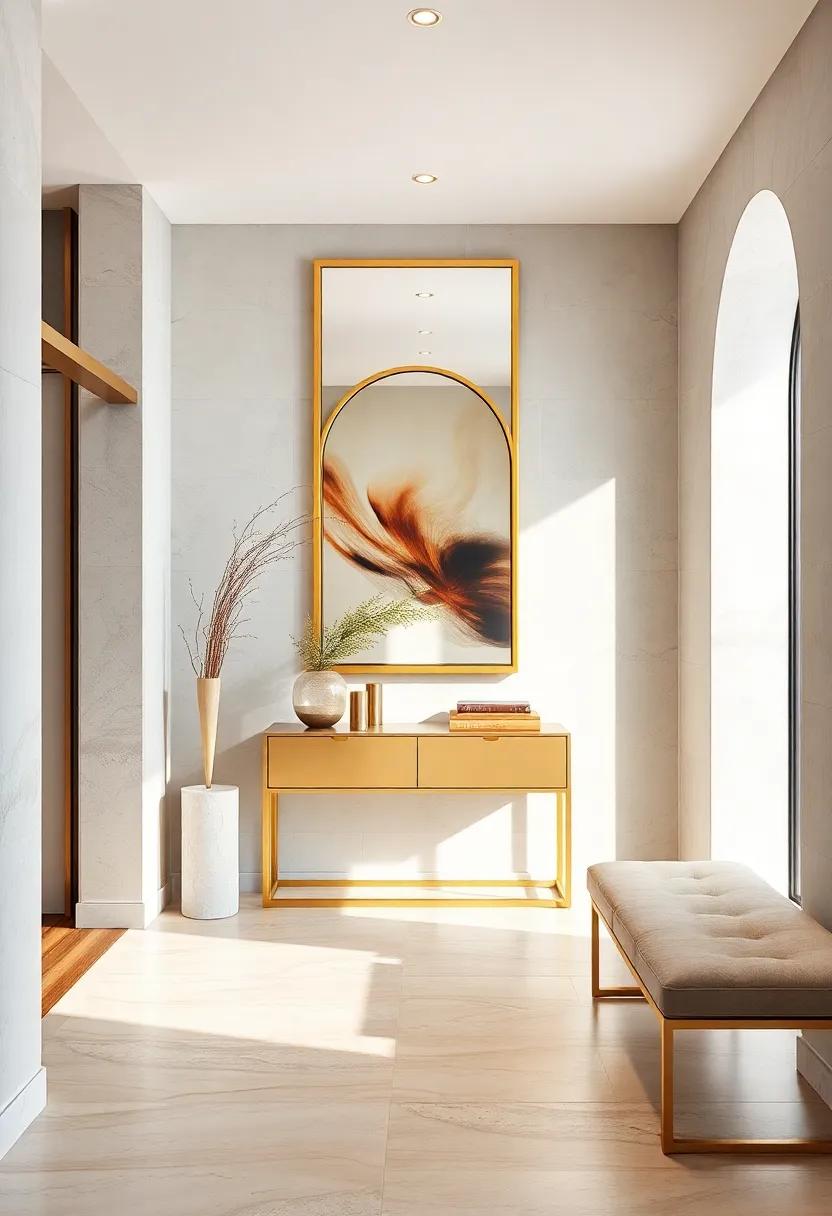 A sleek gold-framed ⁤mirror paired‍ with a minimalist console table creates ‍an⁣ inviting yet sophisticated entrance