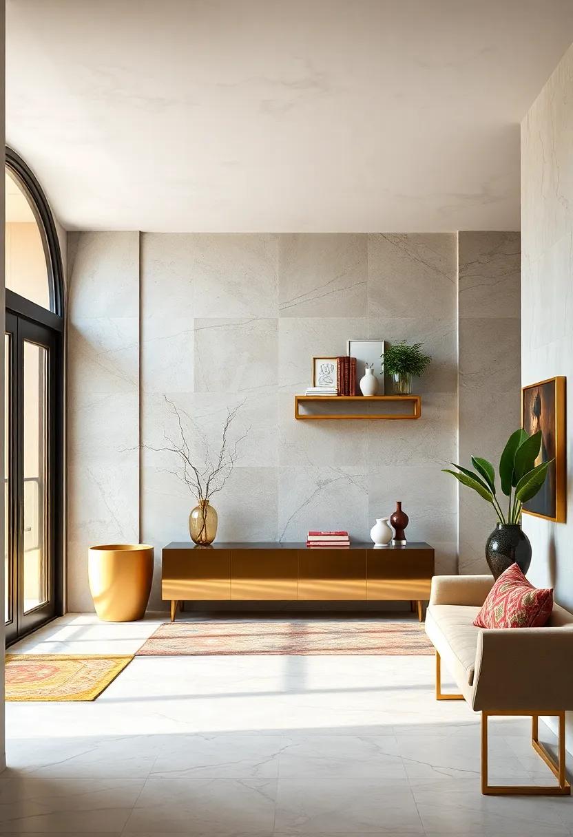 A wall-mounted ⁣gold geometric‌ shelf ‍introduces an ⁢artistic element while showcasing‌ curated decor