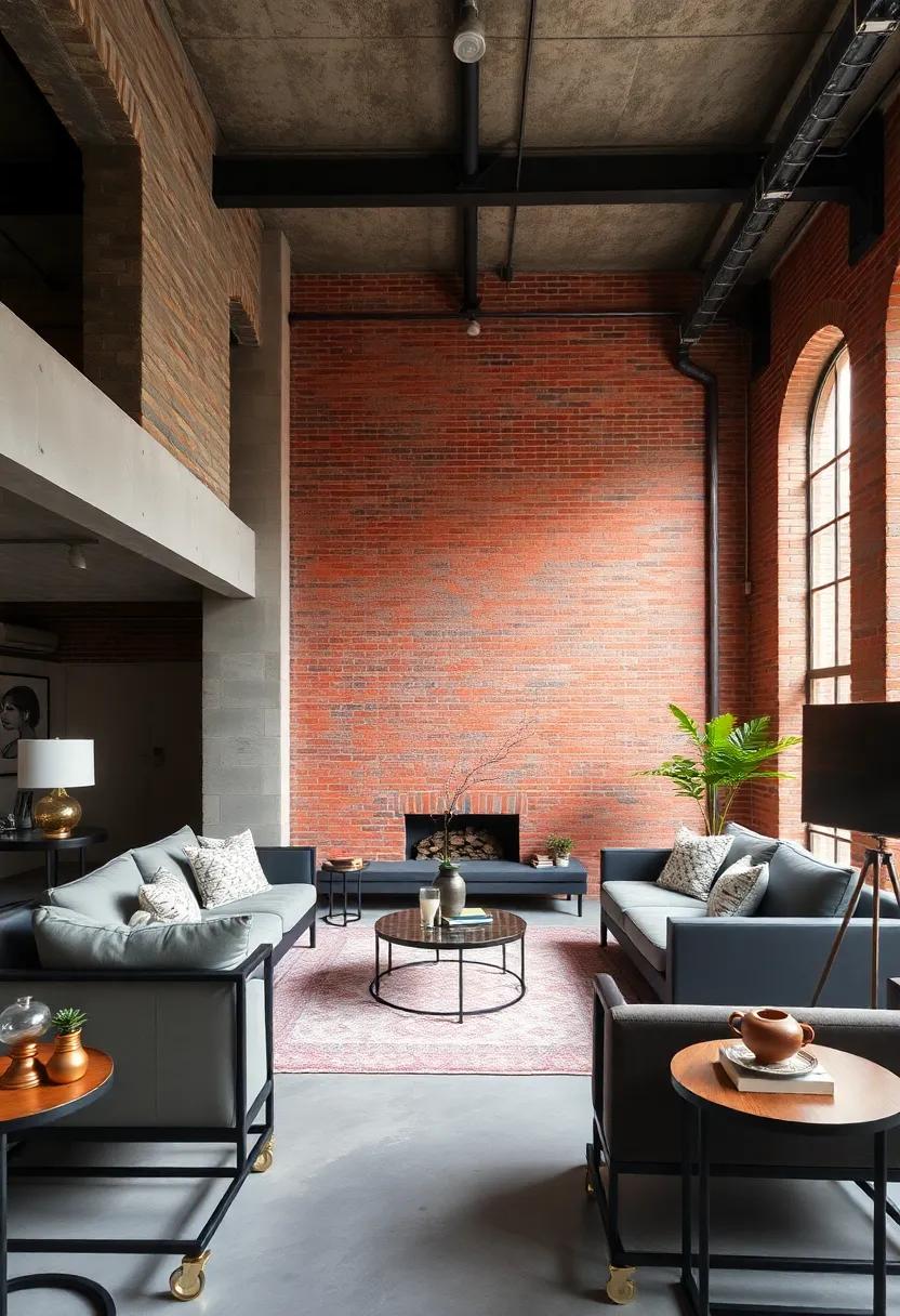 A spacious loft with soaring ceilings and a vibrant red exposed brick wall‍ that contrasts⁢ beautifully with sleek black metal ​furniture