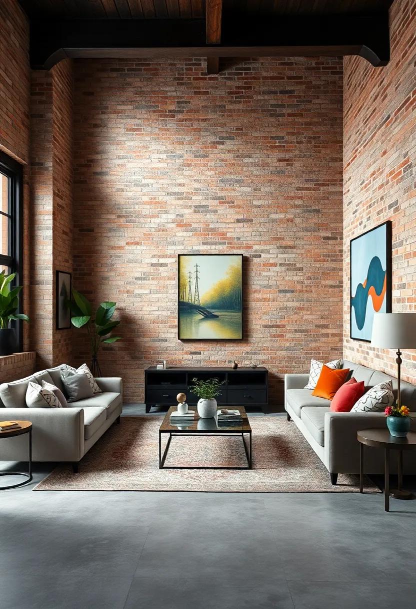 Bold and dramatic living room with a rough,unfinished brick texture balanced by polished concrete flooring and modern art