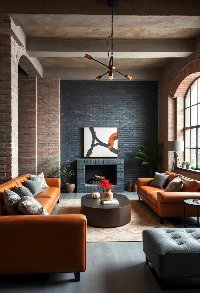 Urban retreat showcasing a deep charcoal brick wall alongside leather seating and vintage metal lighting fixtures