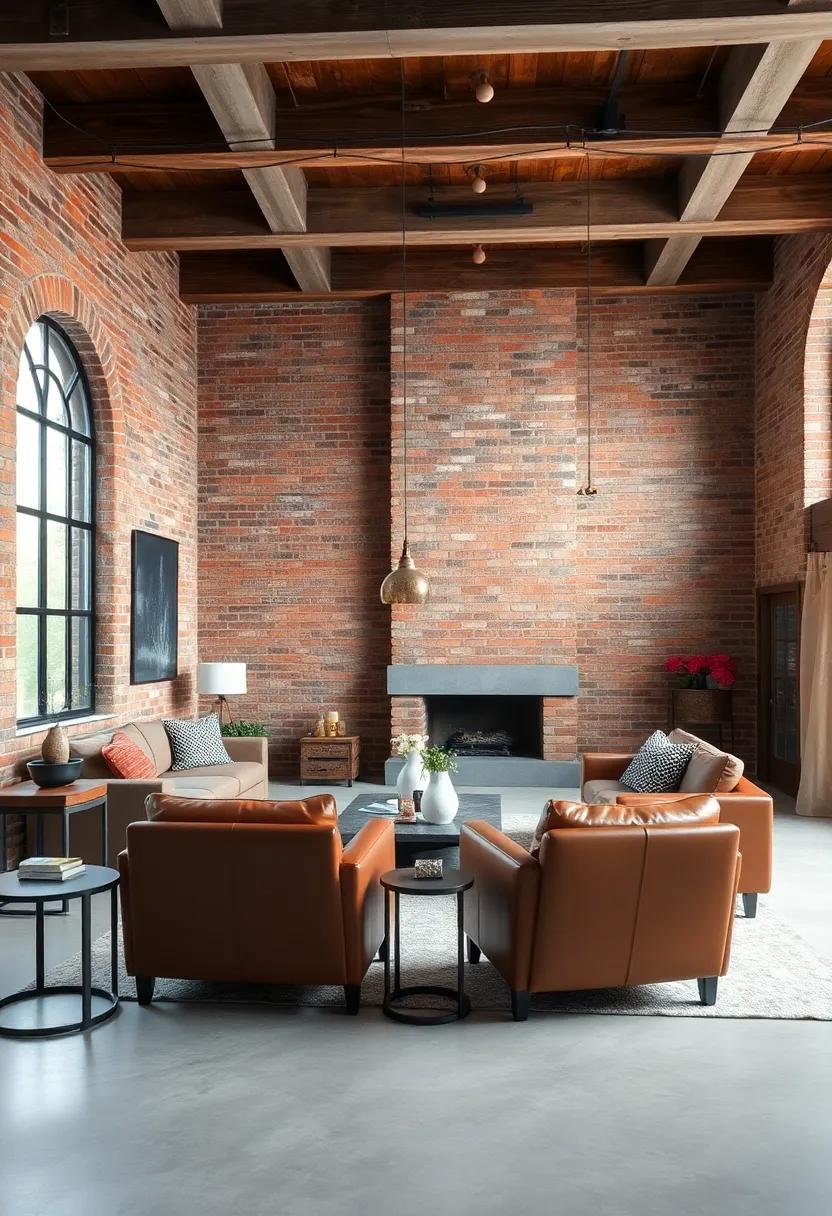 Rustic industrial charm achieved through a heavily textured brick ‍wall, wooden beam ceilings, and leather armchairs