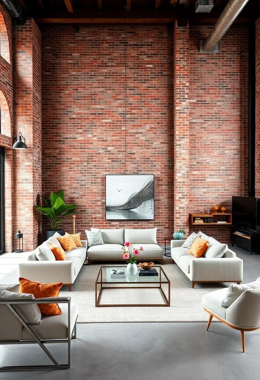 Loft-style living room boasting a floor-to-ceiling exposed brick wall paired with sleek glass and steel furnishings