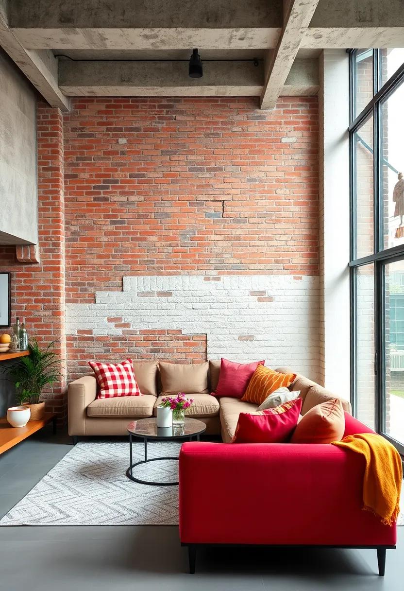 Colorful​ living room featuring a partially ​painted white brick wall that adds texture without overpowering bold upholstery