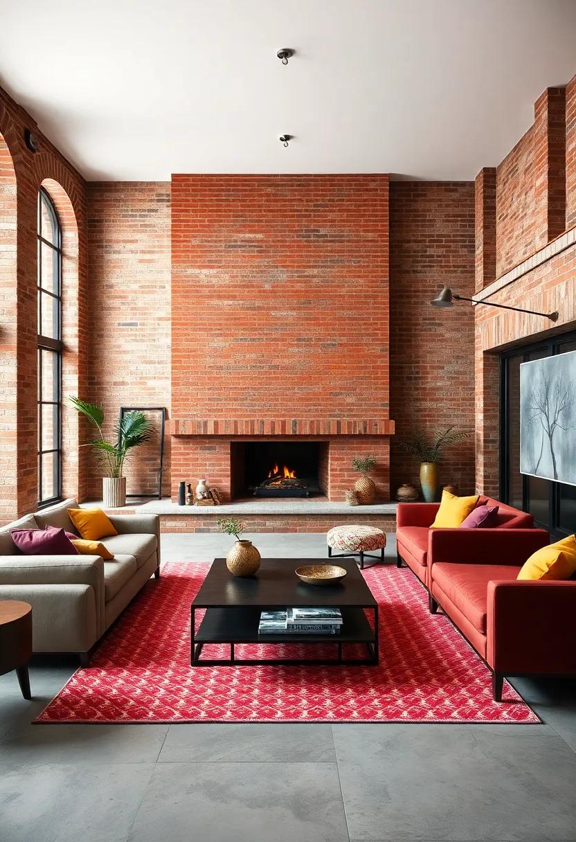 Large open-plan space with a striking red brick ‌fireplace wall acting as the charismatic centerpiece of the living ​area