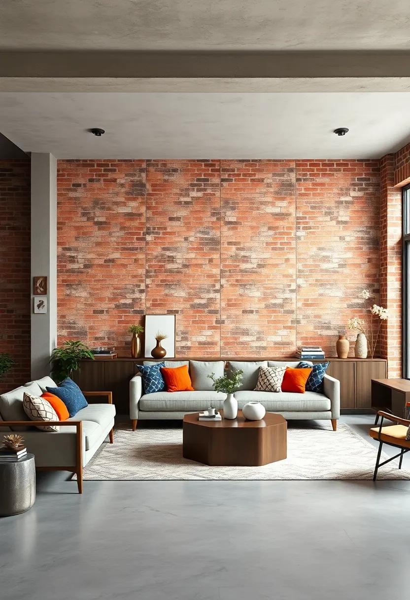 Contemporary living area featuring a warm-toned, sanded brick wall set against custom minimalist cabinetry