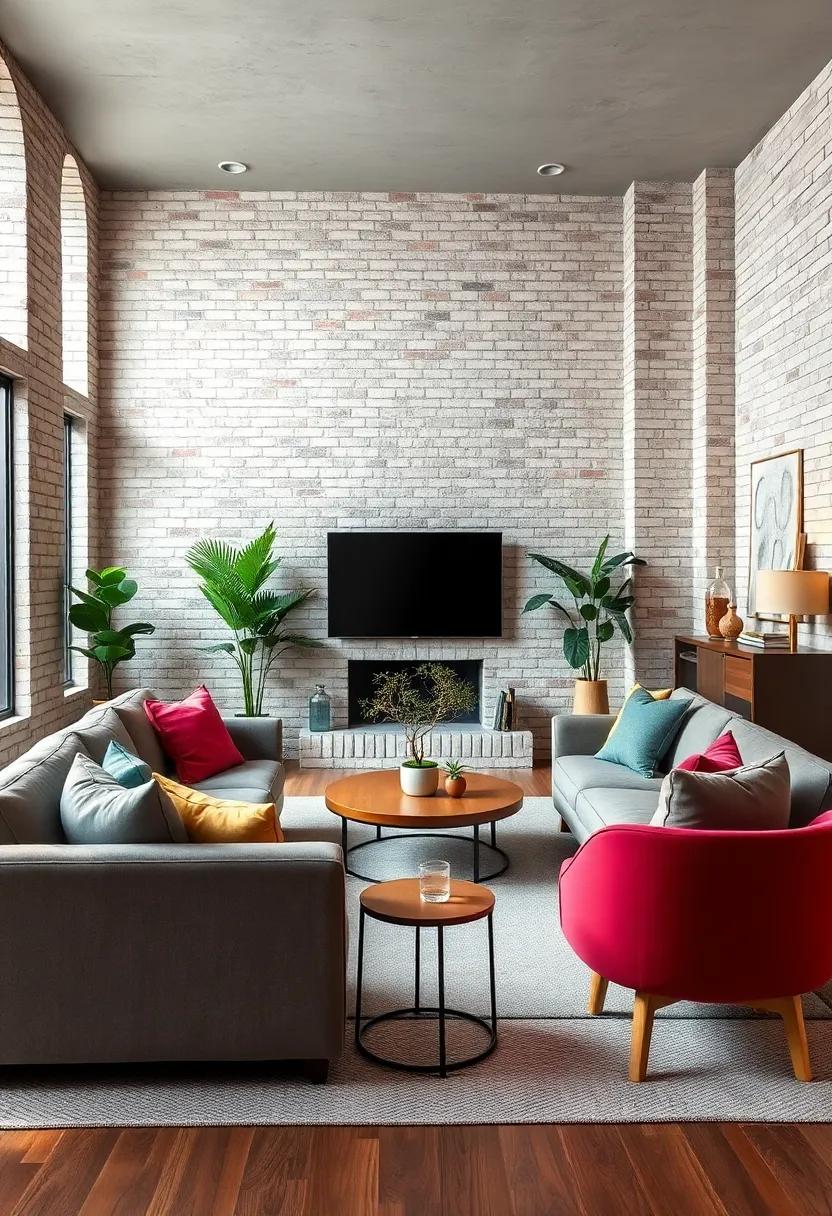 Serene setting featuring light gray ‍brick walls that provide a‍ subtle⁢ backdrop to plush velvet⁤ furniture and natural wood accents
