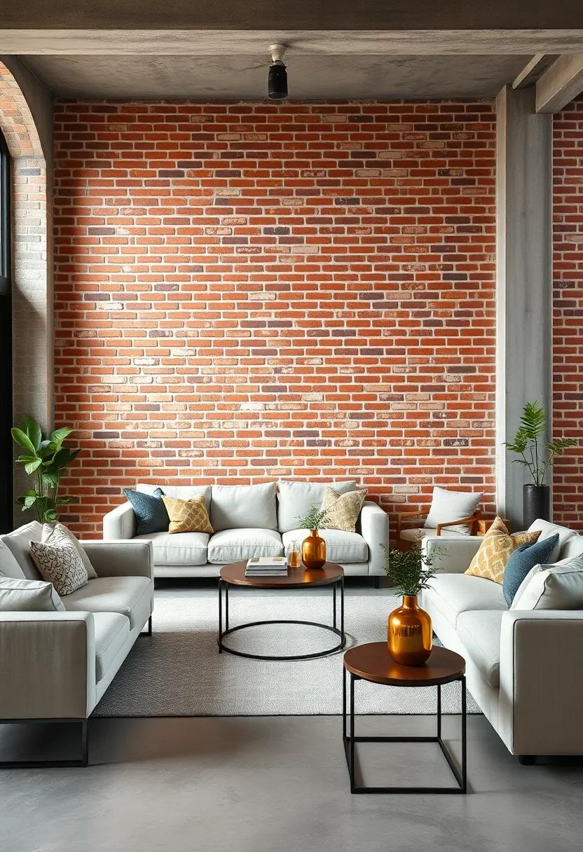 Minimalist design showcasing a clean red brick wall, paired with soft‍ linen‍ sofas⁣ and simple metal frame tables