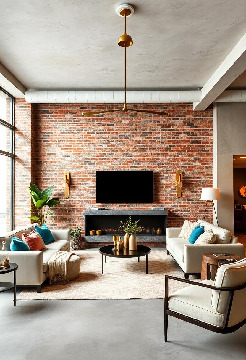 Glamorous twist on industrial design with an exposed glossy brick wall accented by gold fixtures and luxurious fabrics
