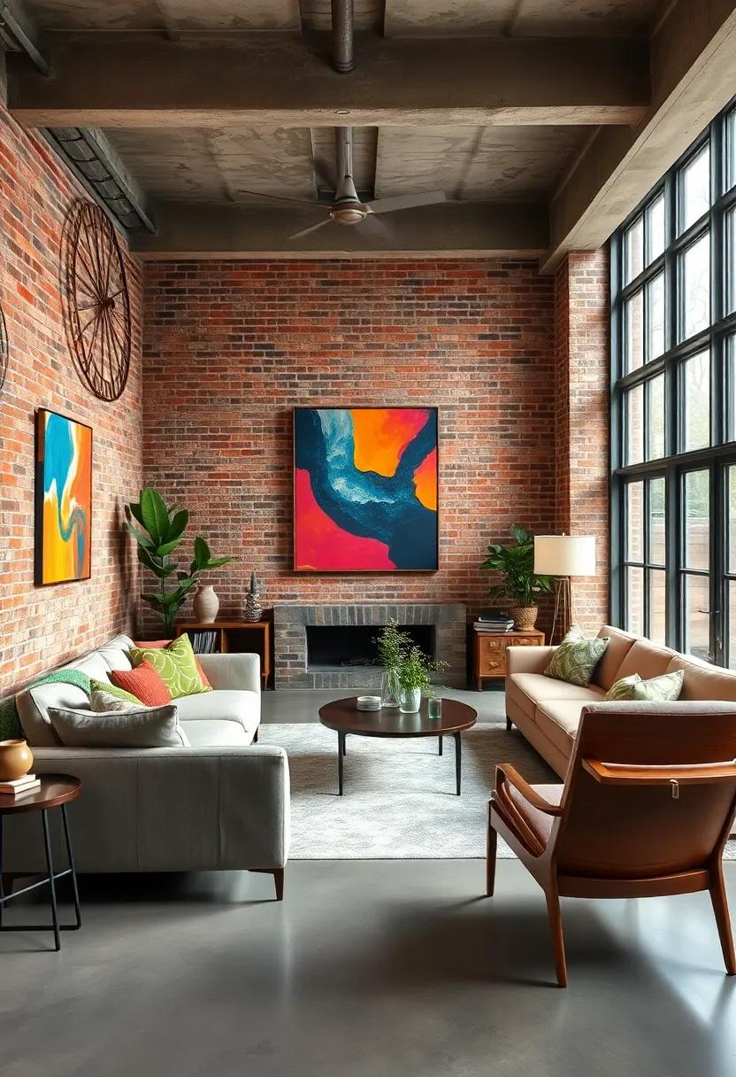Eclectic industrial⁤ space where‌ an exposed brick wall merges seamlessly with colorful artwork and mid-century modern⁣ furniture