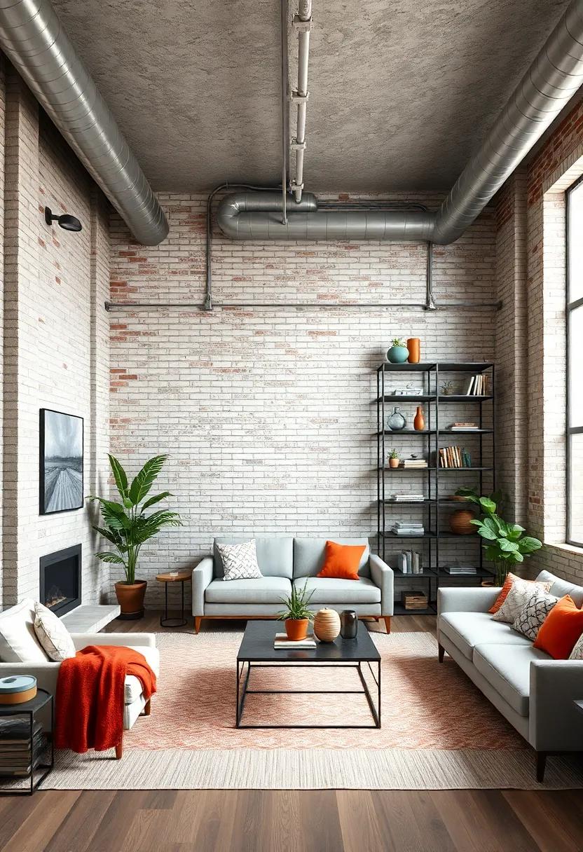 Classic industrial ⁤room featuring a faded white brick wall, exposed ductwork, and robust iron shelving units
