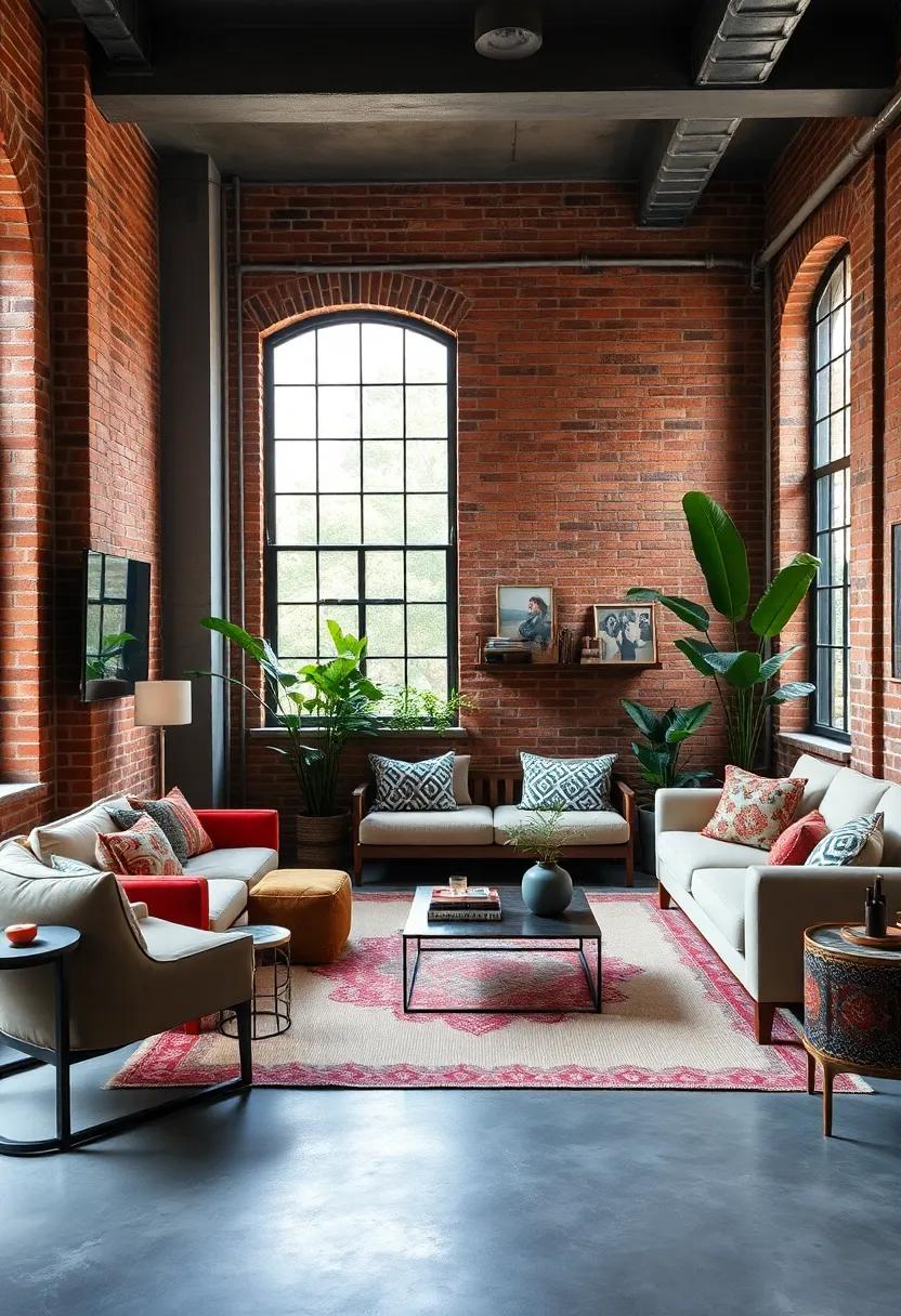 Bohemian-inspired living room utilizing a red brick ⁤wall teamed ‌with lush ‍greenery and a mix of patterned textiles