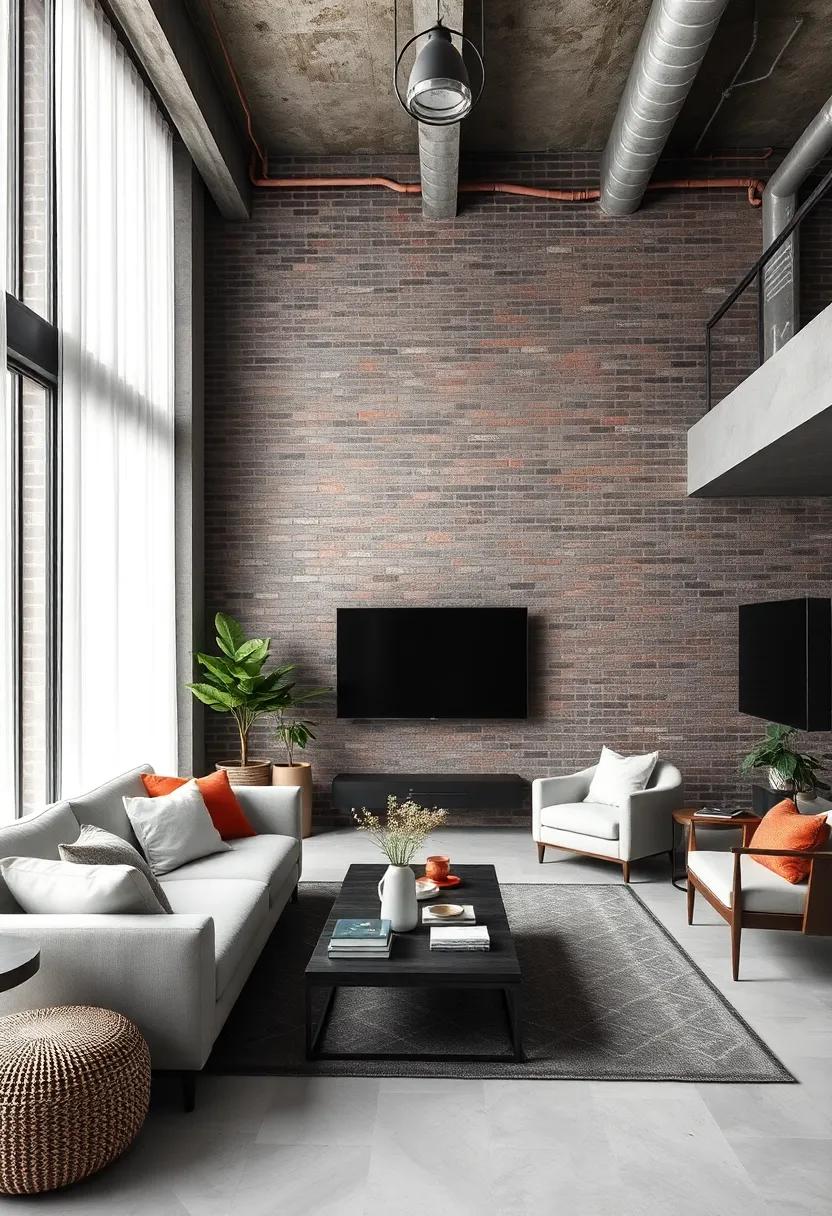Cozy industrial living room featuring a weathered brick accent wall paired with‍ soft, neutral-toned textiles​ and ⁣reclaimed wood shelving