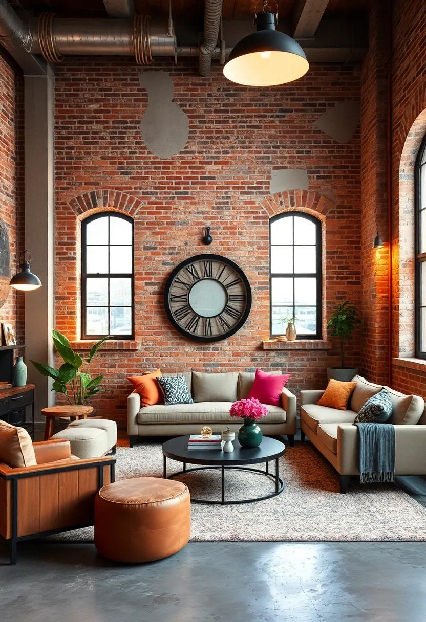 A balanced interplay of exposed brick and unfinished plaster walls combined with industrial⁢ light fixtures and vintage decor