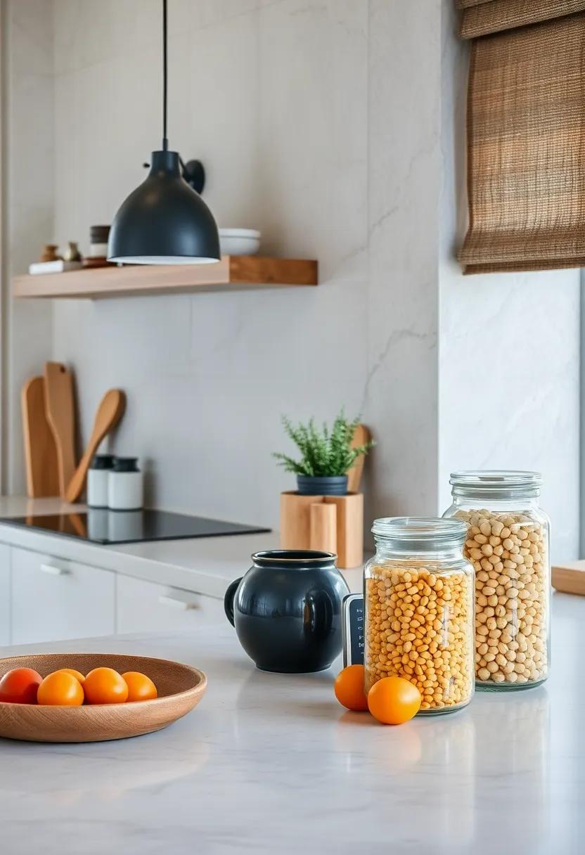 Arrange⁤ glass jars ​filled with staples ⁤like pasta, rice, and beans ⁢for both functionality and style
