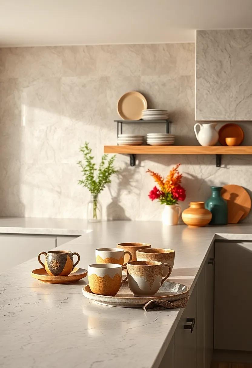 Display a collection of handmade pottery mugs⁣ and plates to infuse ‌character and warmth