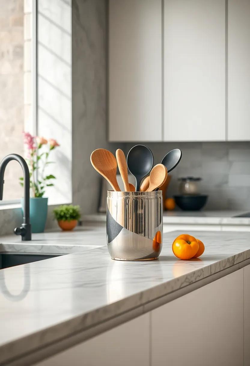 Incorporate a sleek, stainless steel utensil holder filled with essential ‍kitchen tools for easy access