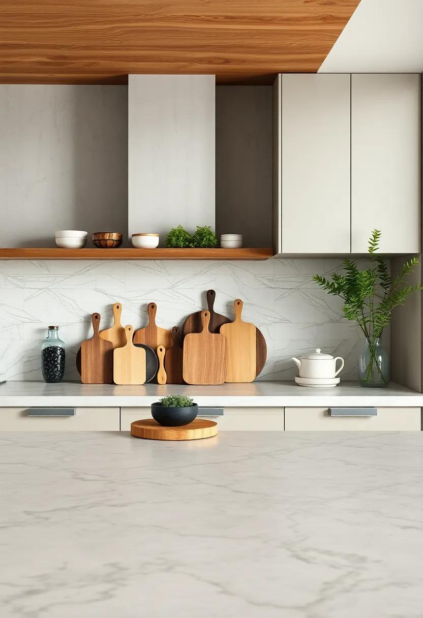 Organize cutting boards of various sizes and materials against the backsplash for layered texture