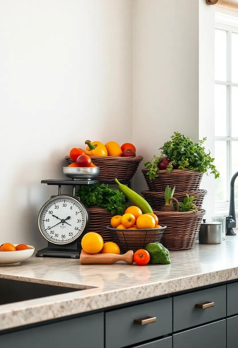 Place a vintage scale next to stacked produce baskets for a nostalgic culinary⁢ vibe
